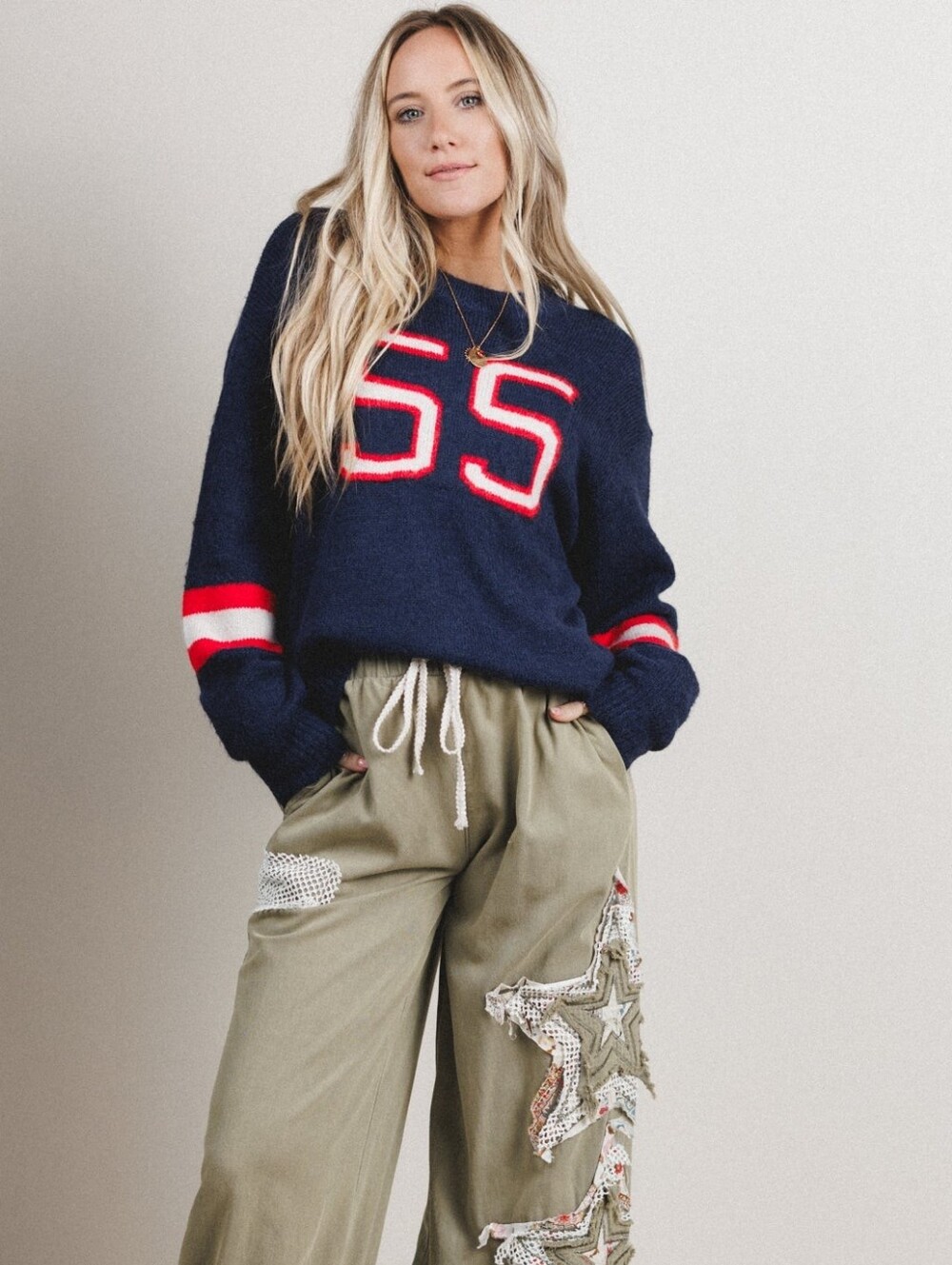🌟 By Together Navy Varsity "55" Oversized Knit Sweater S 🌟